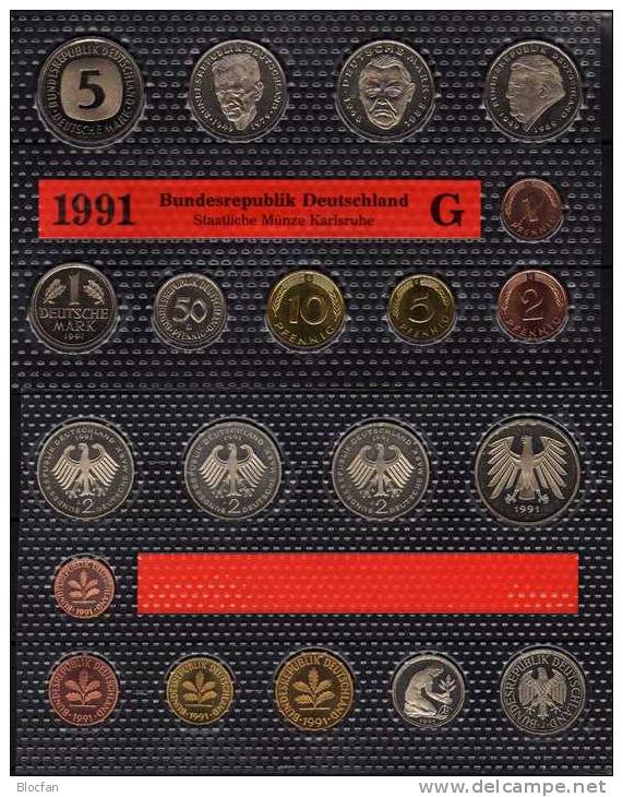 Deutschland 1991 Prägeanstalt G Stg 25€ Stempelglanz Kursmünzensatz Der Staatlichen Münze Karlsruhe Set Coin Of Germany - Münz- Und Jahressets