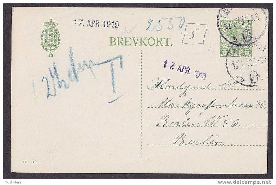 Denmark Postal Stationery Ganzsache Entier KJØBENHAVN Ø. 1919 To BERLIN Taxe Postage Due Underpaid Porto - Entiers Postaux