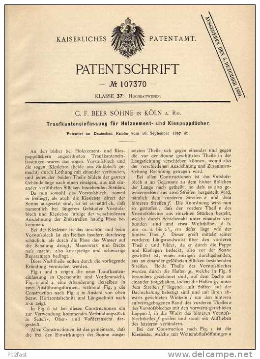 Original Patentschrift - C.F. Beer Söhne In Köln A. Rh., 1897 , Traufe Für Holzcementdach , Dachdecker !!! - Arquitectura