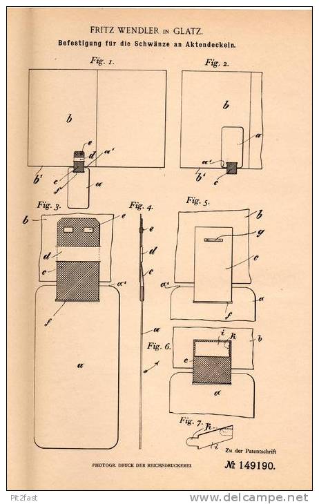 Original Patentschrift - Fritz Wendler In Glatz , Schlesien , 1902 , Schwänze Für Aktendeckel , Akten !!! - Andere & Zonder Classificatie