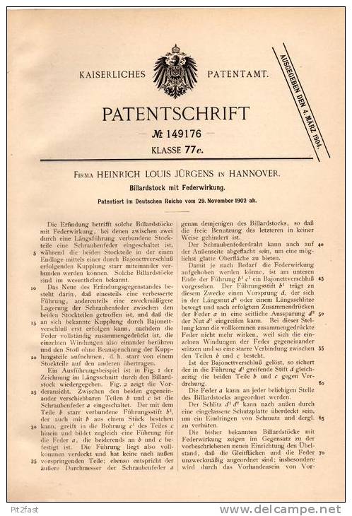 Original Patentschrift - Billardstock Mit Federwirkung , 1902 , Fa. H. Jürgens In Hannover , Billard !!! - Billiards