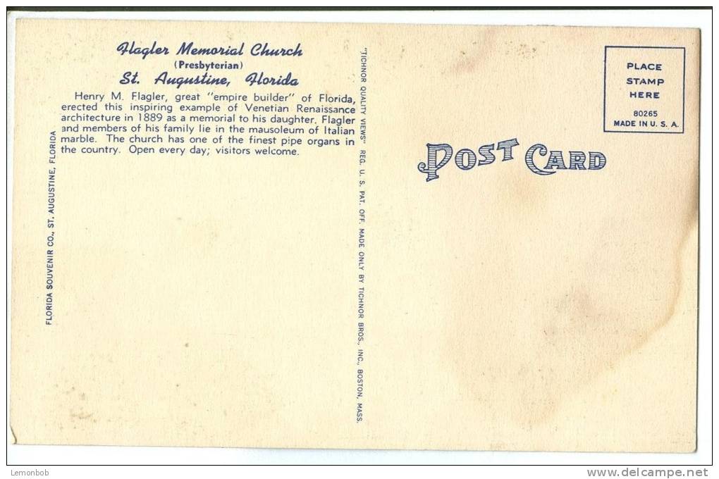 USA, Flagler Memorial Church, Valencia And Sevilla Streets, Saint Augustine, Florida, Unused Linen Postcard [11548] - St Augustine