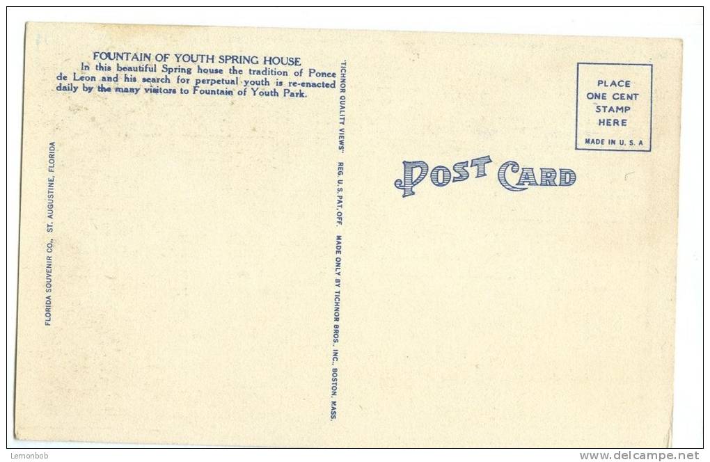 USA, Exterior Of Spring House, Fountain Of Youth, St. Augustine, Florida, Unused Linen Postcard [11549] - St Augustine