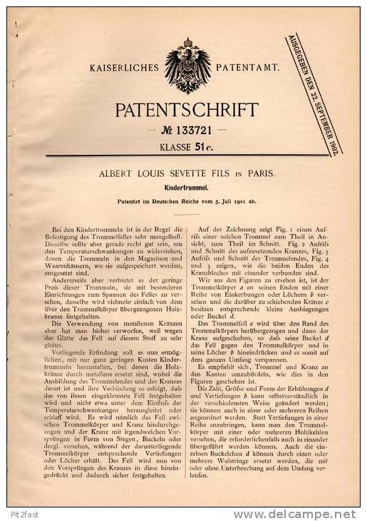 Original Patentschrift - A. Sevette Fils In Paris , 1901 , Trommel Für Kinder , Pauke !!! - Musikinstrumente