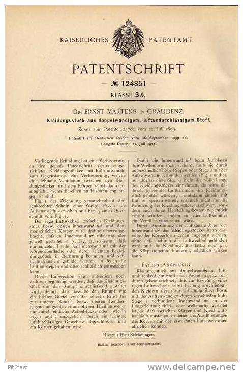 Original Patentschrift - Dr. E. Martens In Graudenz , 1899 , Kleidung Aus Luftdichtem Stoff !!! - Vor 1900