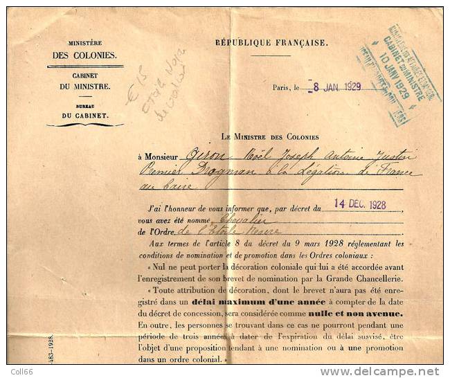 1929  Nomination De Chevalier De L'Ordre De L'Etoile Noire à Giron Joseph à  Légation Caire Postage Inclus Pour L'Europe - Francia