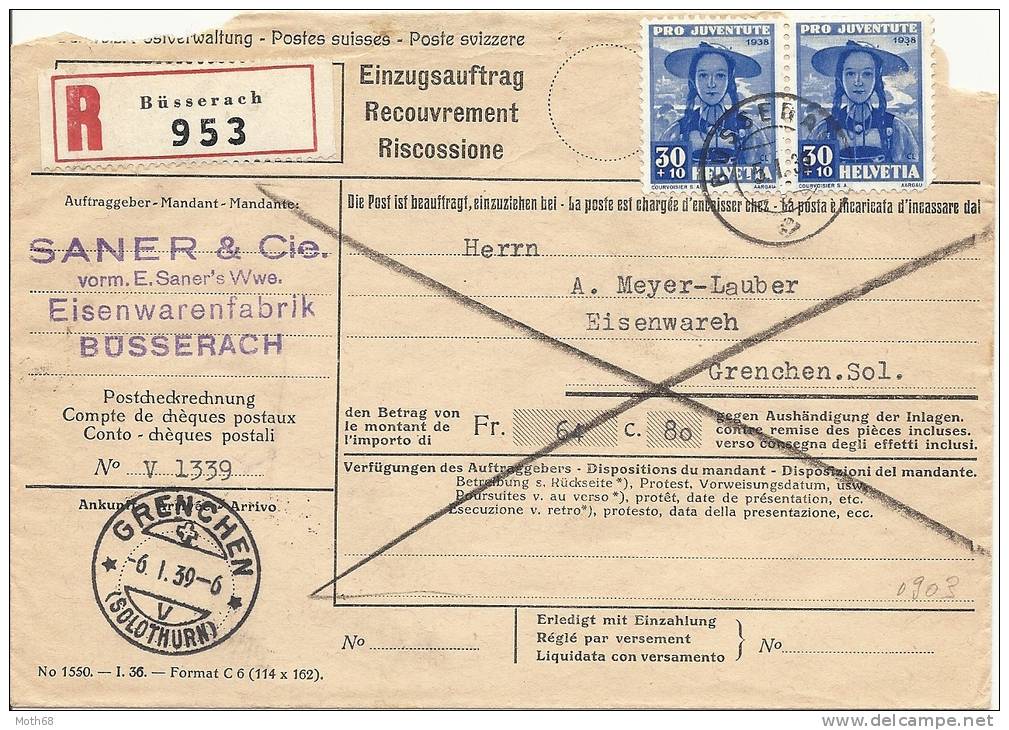 1939 Einzugsmandat Mit 30 Rp. Mehrfachfrankatur - Cartas & Documentos