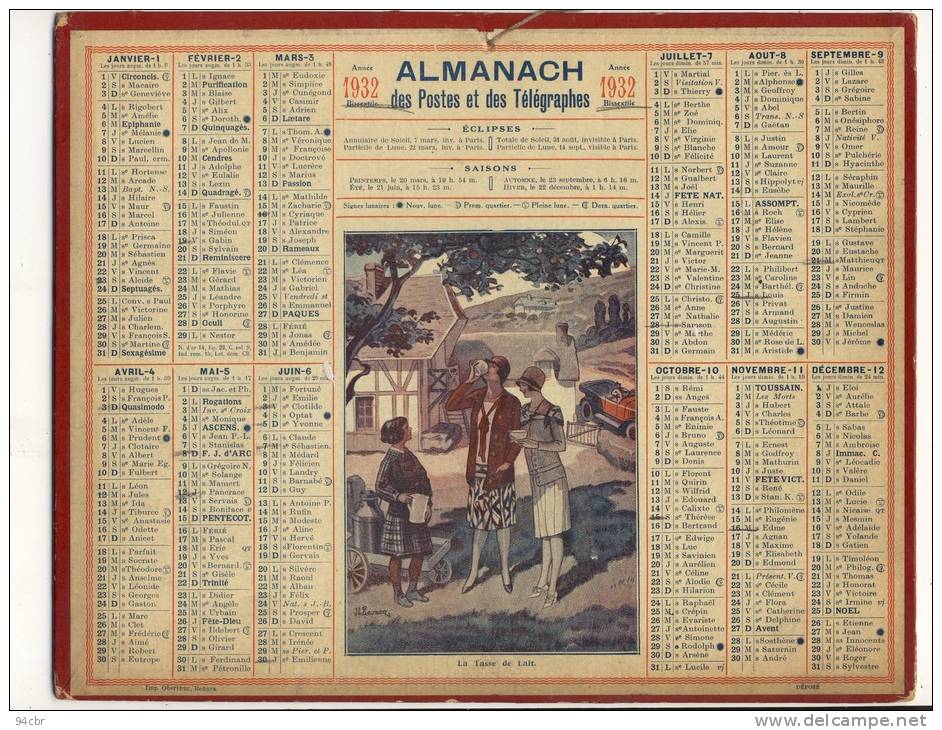 ALMANACH  DES POSTES ET DES TELEGRAPHES( 1932) La Tasse De Lait - Big : 1921-40