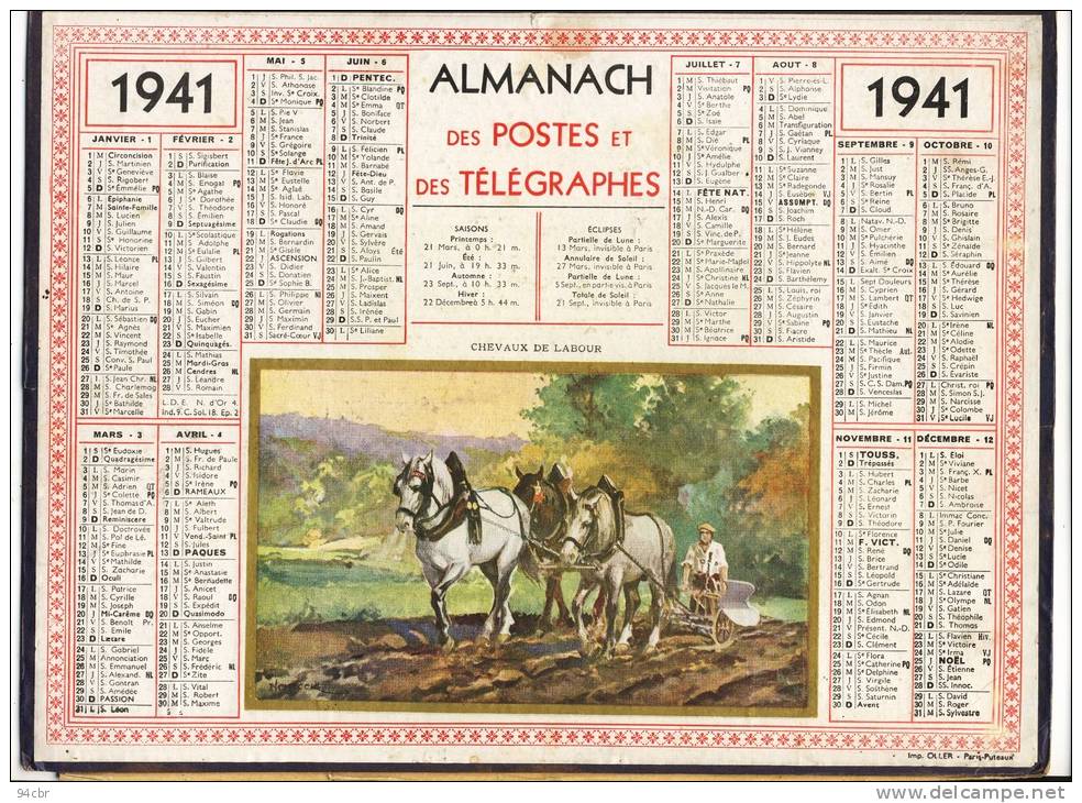 ALMANACH  DES POSTES ET DES TELEGRAPHES( 1941)  CHEVAUX DE LABOUR - Tamaño Grande : 1941-60