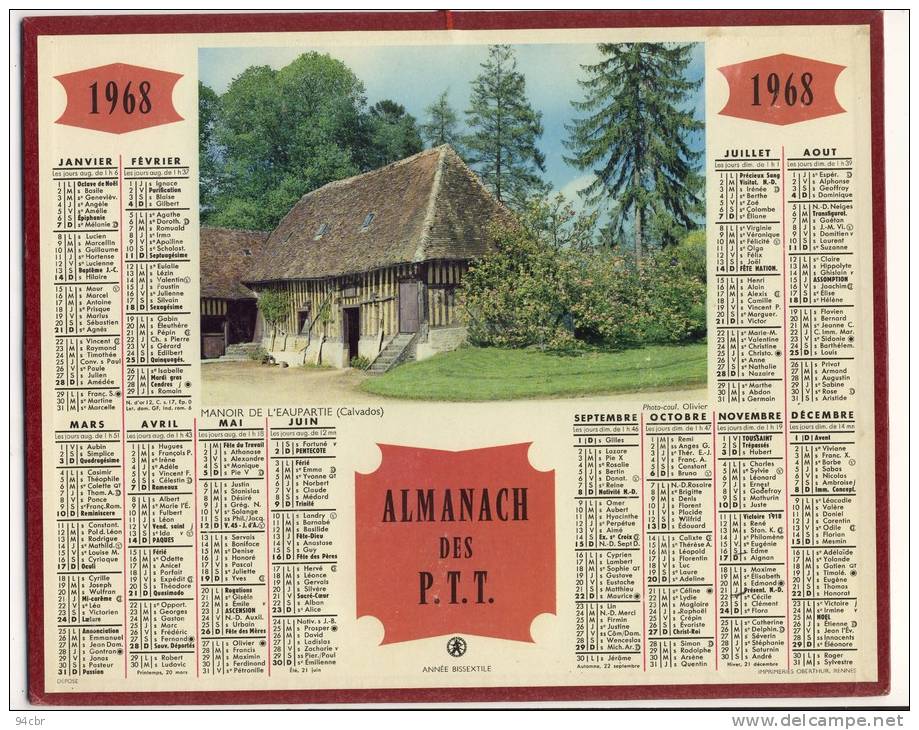 ALMANACH  DES POSTES ET DES TELEGRAPHES(   1968  ) Manoir De L Eaupartie (calvados) - Formato Grande : 1961-70