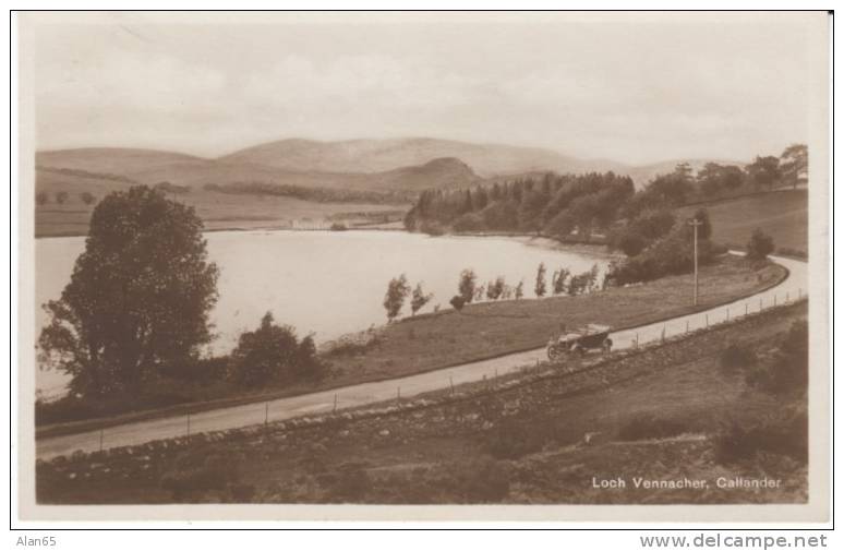 Callander Stirling Scotland UK, Loch Vennacher, Auto On Country Road C1920s Vintage Real Photo Postcard - Stirlingshire