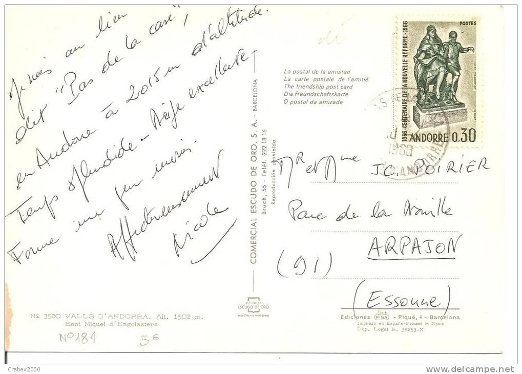 N°Y&T 181    ANDORRE       Vers   ARPAJON  Le   1968 - Cartas & Documentos