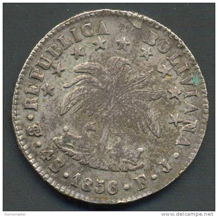 BOLIVIA , 4 SOLES 1856 , PTS - F J , SILVER UNCLEANED COIN - Bolivie