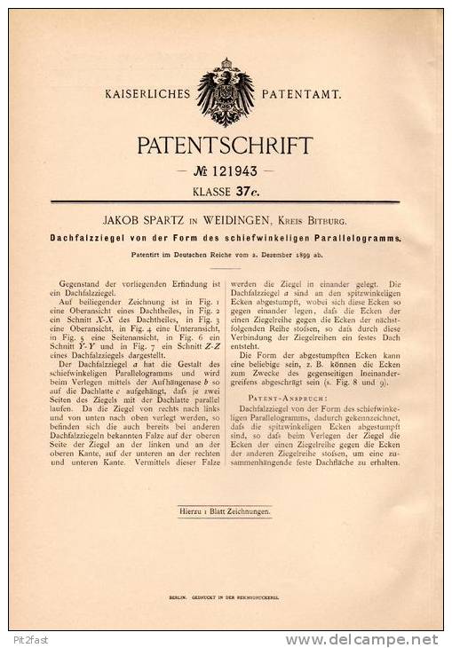 Original Patentschrift - J. Spartz In Weidingen , Kr. Bitburg , 1899 , Dachfalzziegel , Dachziegel , Dachdecker , Dach ! - Architecture