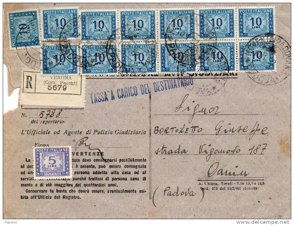 1952  LETTERA RACCOMANDATA CON ANNULLO   VERONA - Postage Due