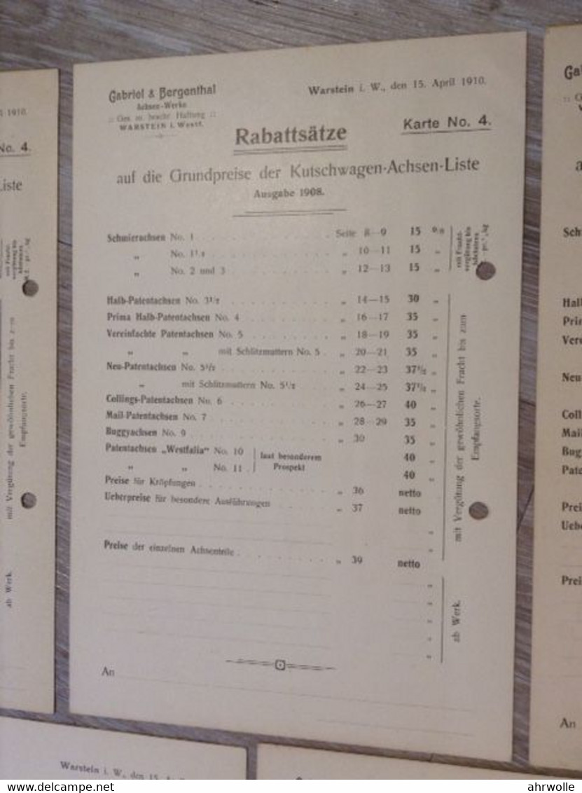 5 Karten Rabattsätze Achsen-Werke Warstein Sauerland Gabriel & Bergenthal Ausgabe 1908 April 1910 Kutschwagen - Colecciones