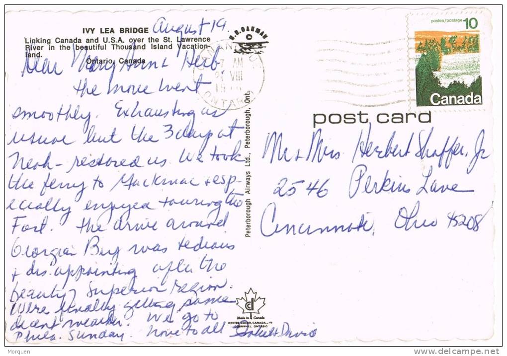 Postal GANANOQUE (Ontario) 1976 A Estados Unidos. Lea Bridge - Cartas & Documentos