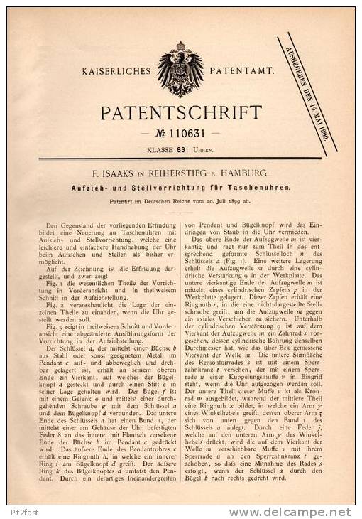 Original Patentschrift - F. Isaaks In Reiherstieg B. Hamburg , 1899 , Aufzieh- Und Stellvorrichtung Für Taschenuhr !!! - Montres Gousset