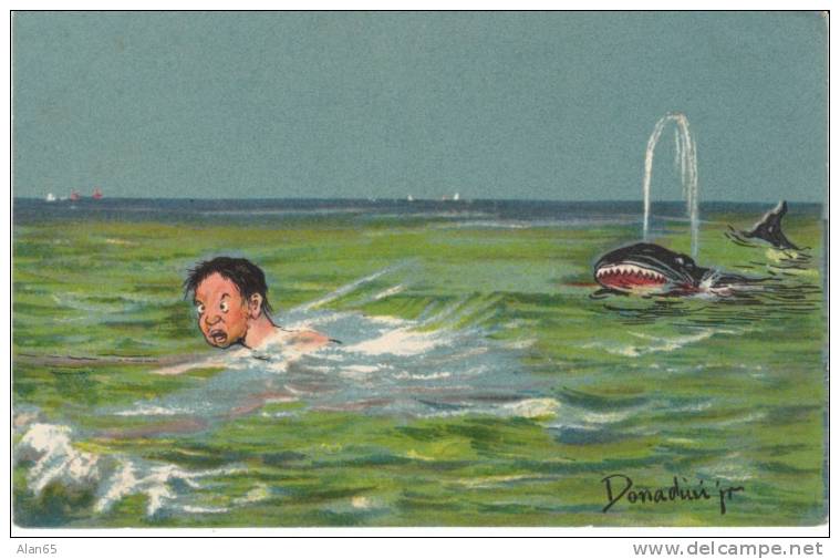 Donadini Jr. Artist Signed Swimming Humor, Whale Fish Monster, 1900s/10 Vintage Postcard - Donadini, Antonio