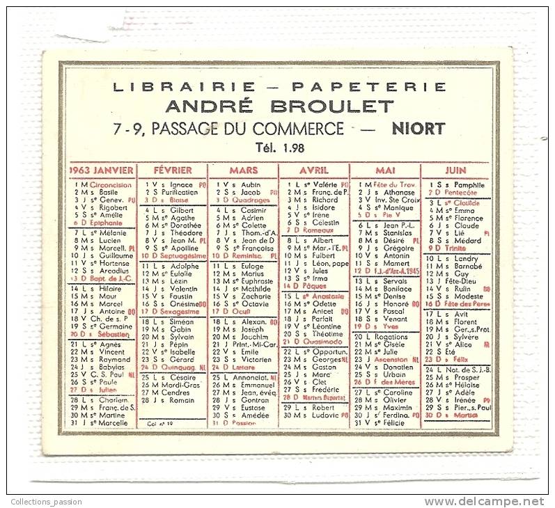 Calendrier, Librairie - Papeterie ANdré Broulet - Niort (79) - 1963 - Klein Formaat: 1961-70