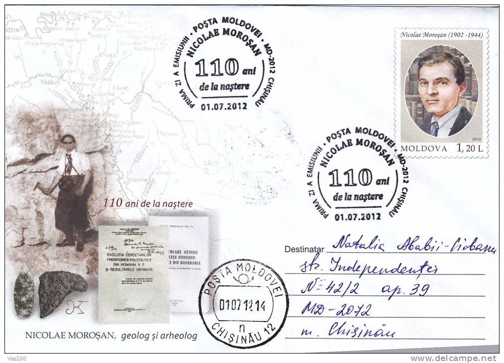 NICOLAE MOROSAN,,2012,COVER STATIONARY,SAND TO MAIL IN FIST DAY,MOLDOVA - Préhistoire