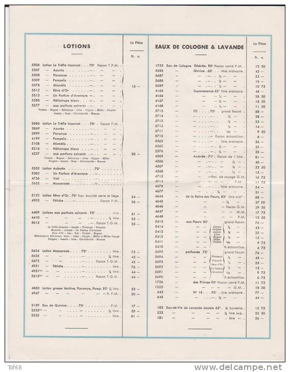 Paris 1939 Parfumerie LT Piver Liste Des Prix De Vente - Drogerie & Parfümerie