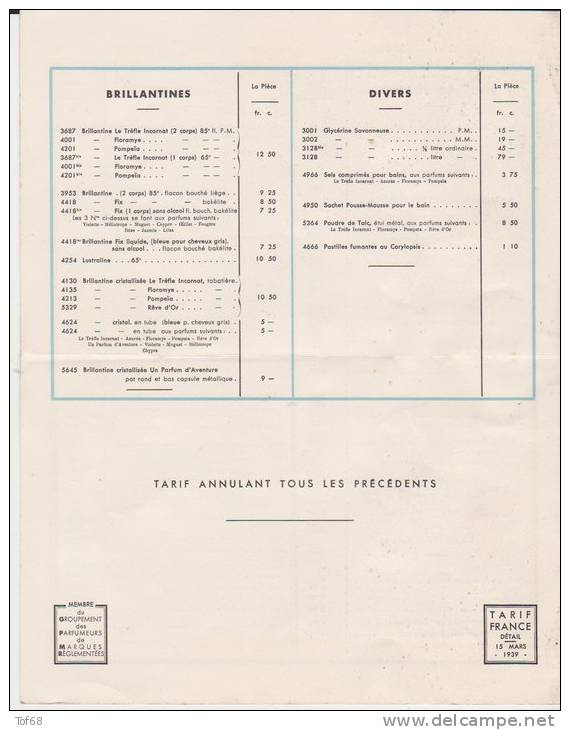 Paris 1939 Parfumerie LT Piver Liste Des Prix De Vente - Profumeria & Drogheria