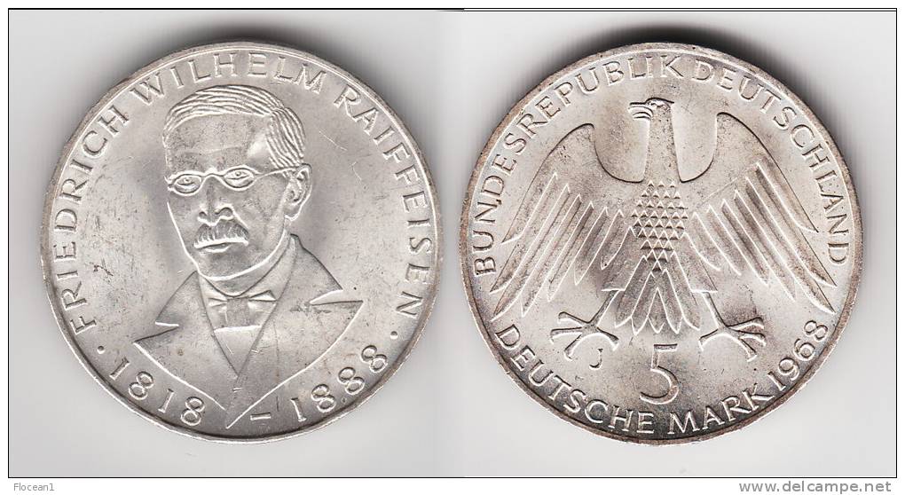 **** ALLEMAGNE - GERMANY - 5 MARK 1968 J FRIEDRICH RAIFFEISEN - SILVER - ARGENT **** EN ACHAT IMMEDIAT - 5 Marchi