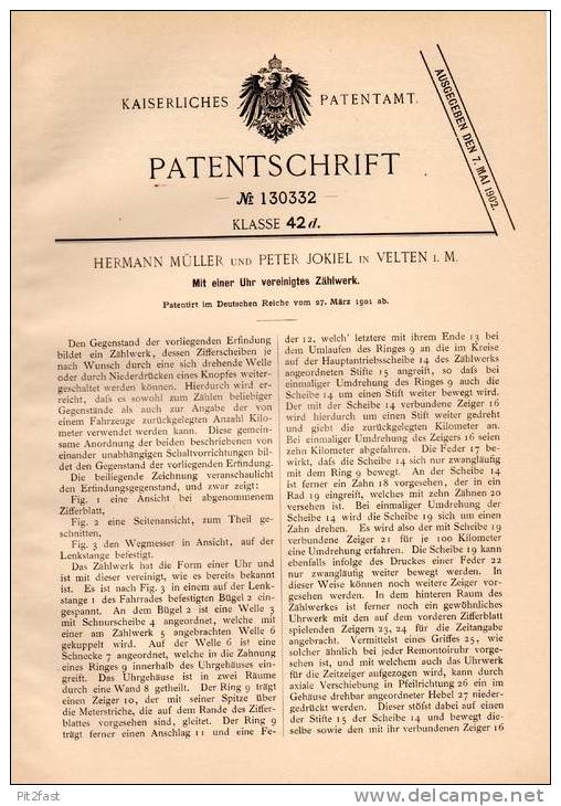 Original Patentschrift - P. Jokiel In Velten I.M., 1901 , Uhr Mit Zählwerk !!! - Autres & Non Classés