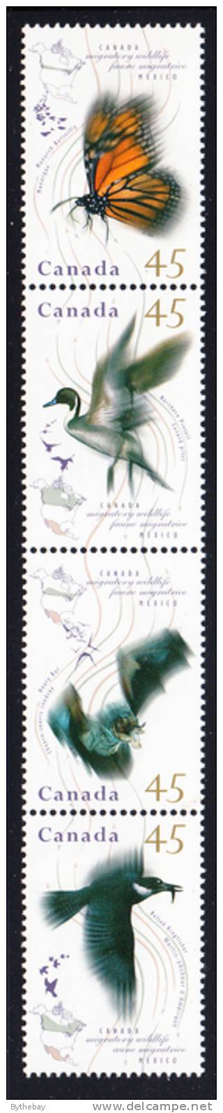 Canada MNH Scott #1566a Strip Of 4 Monarch Butterfly, Belted Kingfisher, Northern Pintail, Hoary Bat - Migratory - Neufs