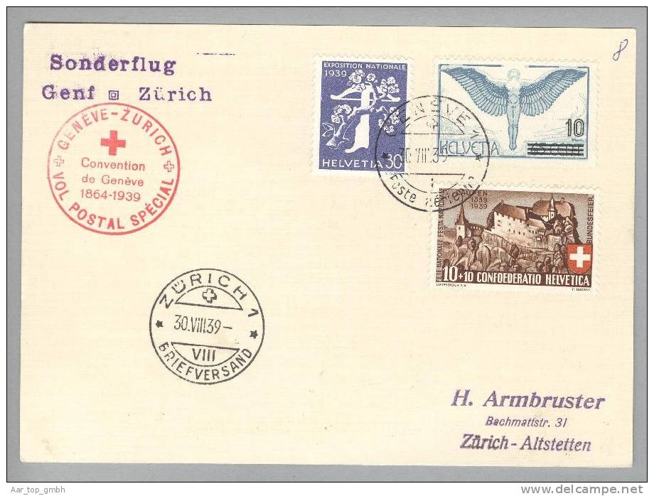 Schweiz Flugpost 1939-08-30 SF Genève-Zürich Convention De Genève - Eerste Vluchten