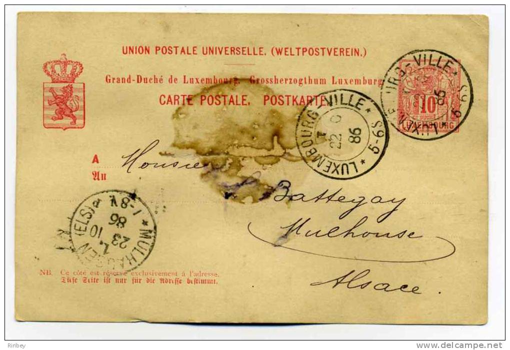 CP ENTIER LUXEMBOURG VILLE Pour MULHAUSEN ELSASS / 22 Oct 1886/ Cahet Arrivée Alsace Lorraine - Other & Unclassified