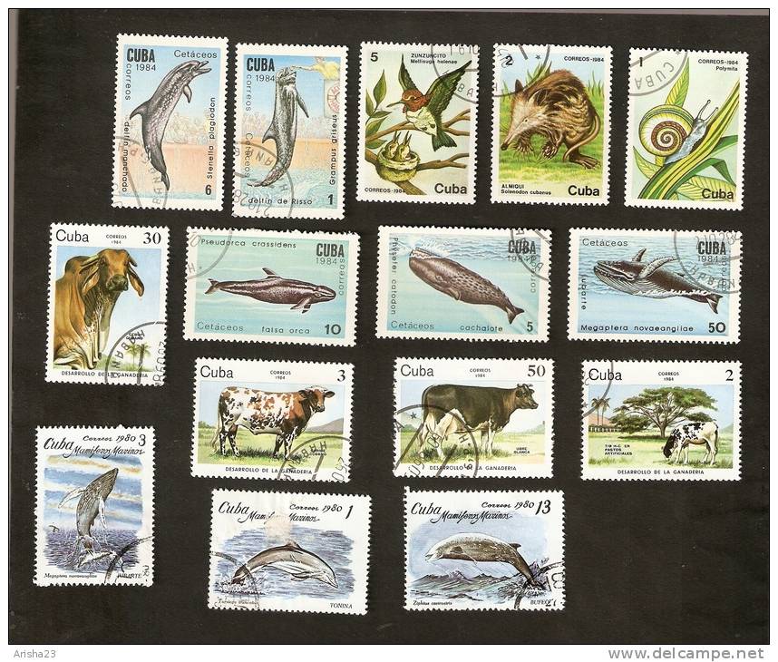 Bc.5. Cuba LOT Set Of 15 - FAUNA 1984 Animals Birds Bird Snail Cows Cow 1980 Whales Fish Dolphins Dolphin - Oblitérés