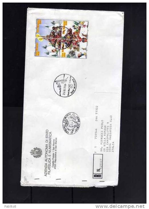 SAN MARINO 1998 NATALE LETTERA RACCOMANDATA CHRISTMAS FDC + VENTIMILA LEGHE SOTTO I MARI + FESTIVAL BAR - Lettres & Documents