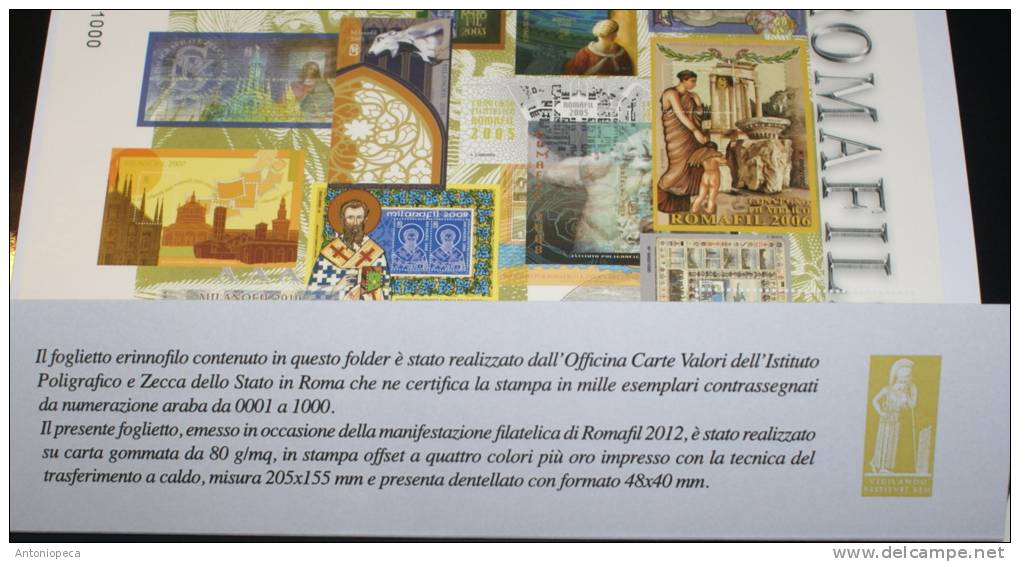 ITALIA 2012 FOGLIETTO ERINNOFILO ESPOSIZIONE FILATELICA "ROMA FIL 2012" POLIGRAFICO DELLO STATO - Sonstige & Ohne Zuordnung