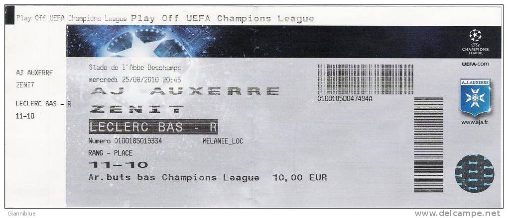 AJ Auxerre-Zenit/Football/UEFA Champions League Match Ticket - Tickets D'entrée