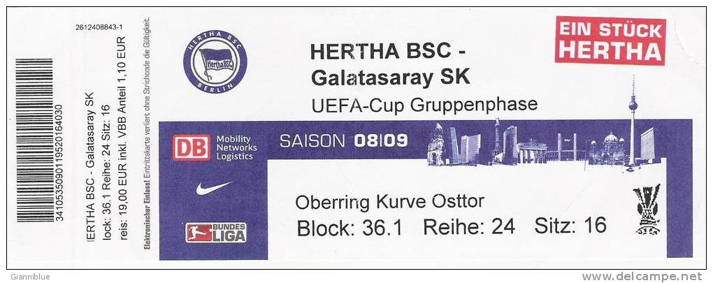 Hertha-Galatasaray/Football/UEFA Cup Match Ticket - Tickets D'entrée