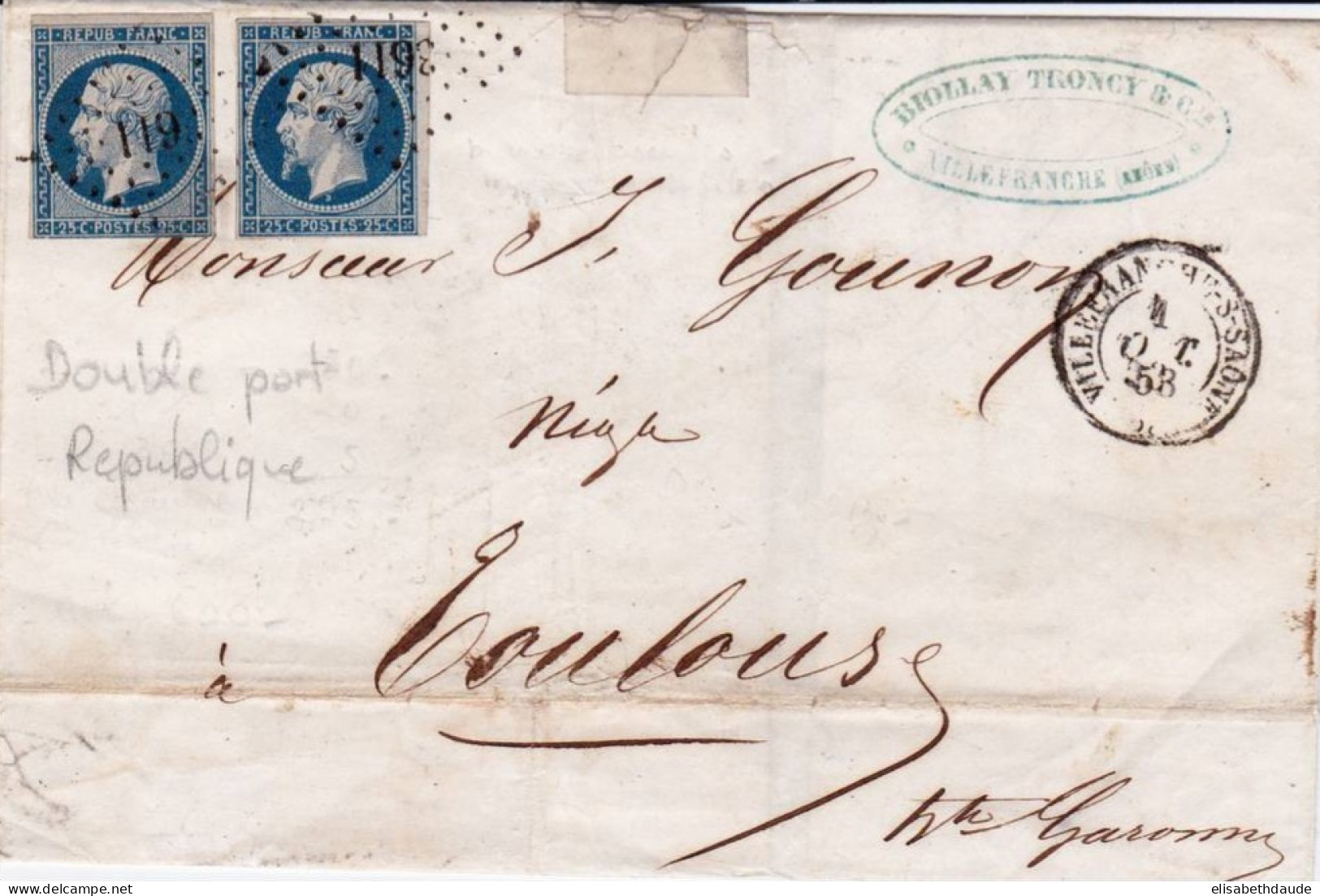 RHONE - 1853 -  LETTRE De VILLEFRANCHE Sur SAONE (PC 3611) Avec RARE YVERT N°10 X2 DOUBLE PORT - 1852 Louis-Napoleon