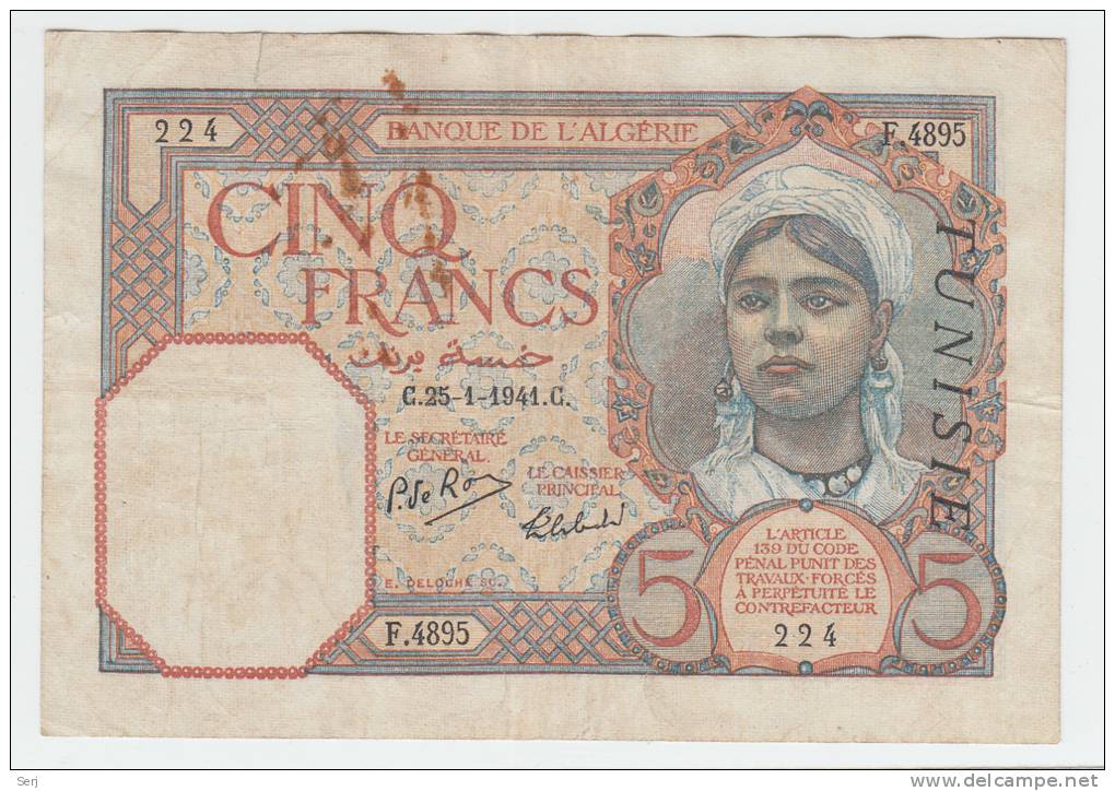 Tunisia 5 Francs 1941 "F" P 8b  8 B - Tunisia