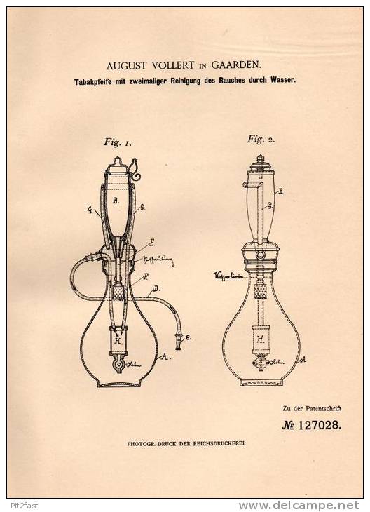 Original Patentschrift - A. Vollert In Gaarden B. Kiel , 1901 , Tabakpfeife , Wasserpfeife , Pfeife !!! - Water Pipes