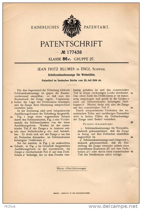 Original Patentschrift - J. Fritz Blumer In Engi , Schweiz , 1904 , Schützenkastenzunge Für Webstuhl , Weberei !!! - Engi