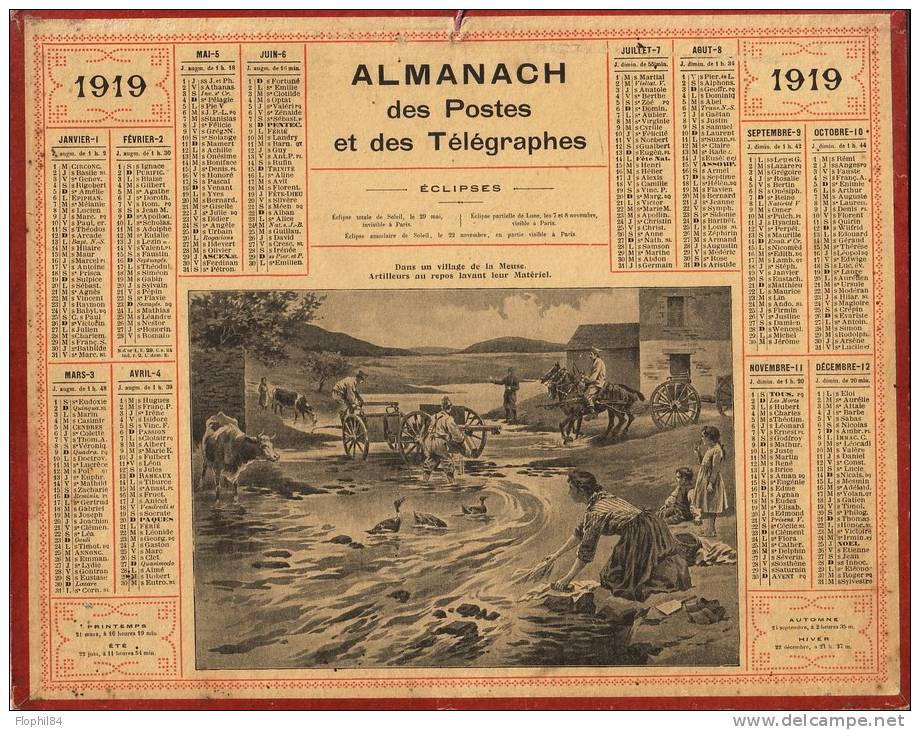 ALMANACH DES POSTES ET TELEGRAPHES 1919 - ARTILLEURS AU REPOS LAVANT LEUR MATERIEL DANS UN VILLAGE DE LA MEUSE. - Groot Formaat: 1901-20