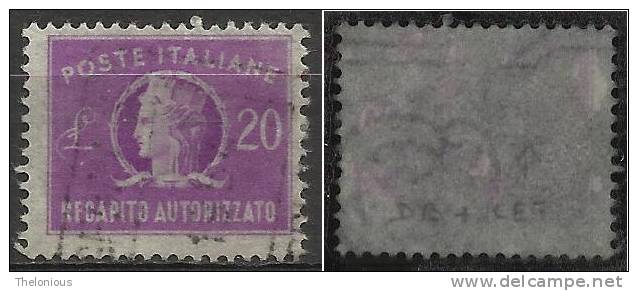 # Recapito Autorizzato 20 Lire Ruota 3° Tipo DB Filigrana Lettere 6/10 - Poste Exprèsse/pneumatique