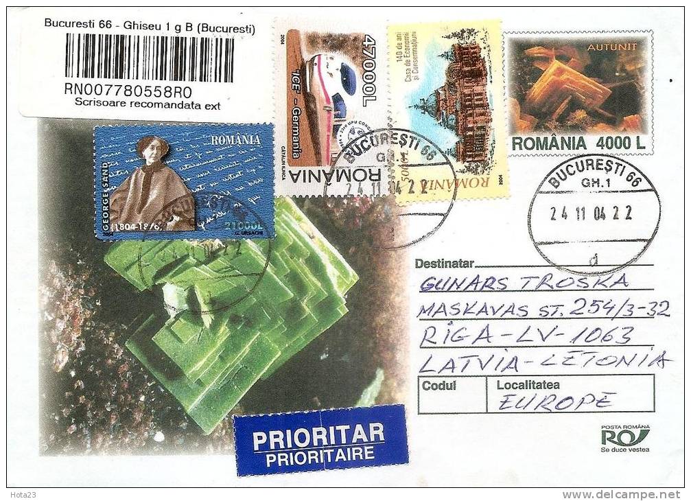 Recomended MAIL Post Cover Romania To Latvia Mix Stamps Print + Train Dared 2004 Y (lot - 504 ) - Brieven En Documenten