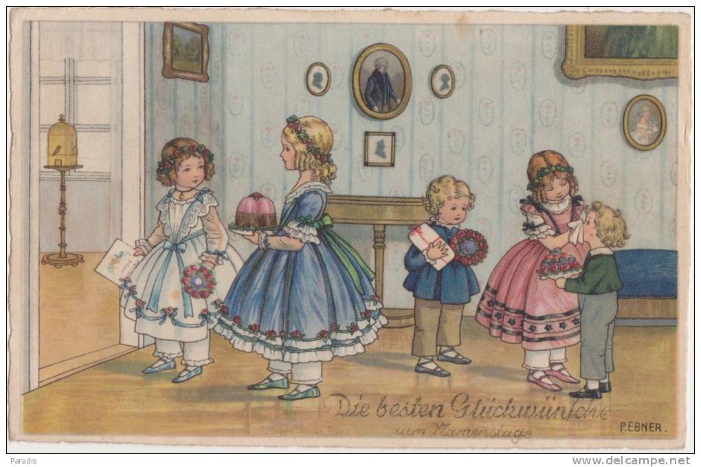 CPA  Pauli Ebner " Die Besten Glückwün ! " Enfants ( Petites Filles Modèles) Gâteau , Fleurs Mouchoir, - Ebner, Pauli