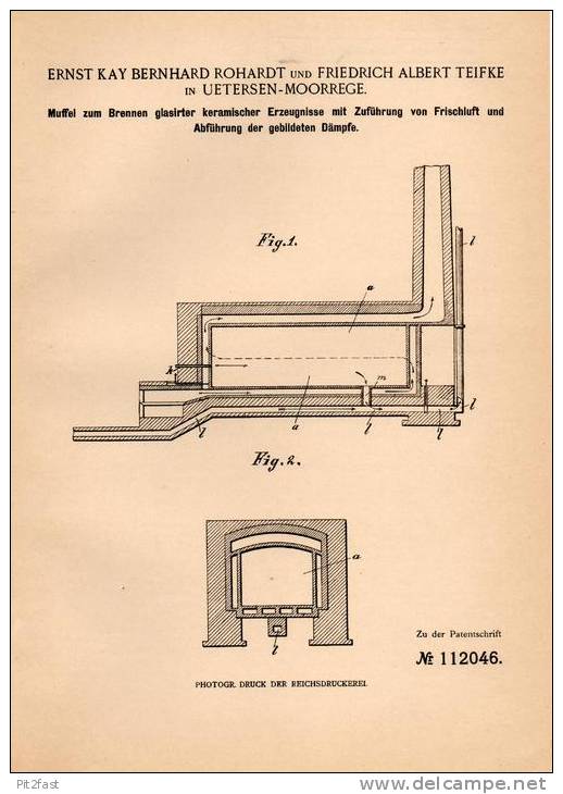 Original Patentschrift - E. Rohardt Und F. Teifke In Uetersen - Moorrege , 1899, Muffel Für Glasierte Keramik , Glasur ! - Uetersen