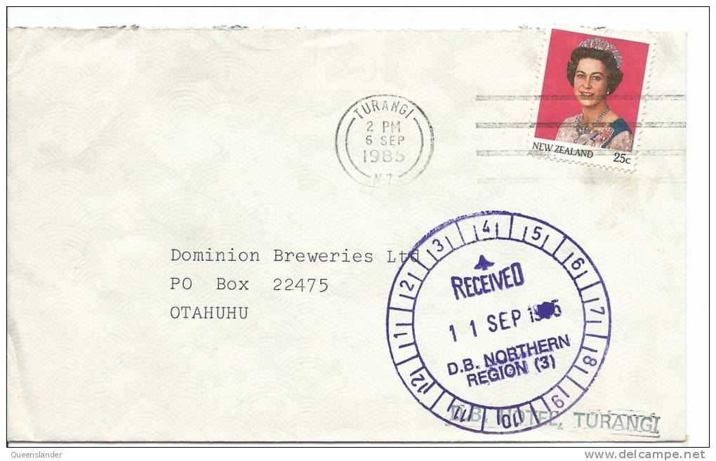 1985 25 Cent QE 11 Used On Envelope Turangi To Otahuhu Dominion Breweries & Received D.B. Northern Region (3) - Briefe U. Dokumente