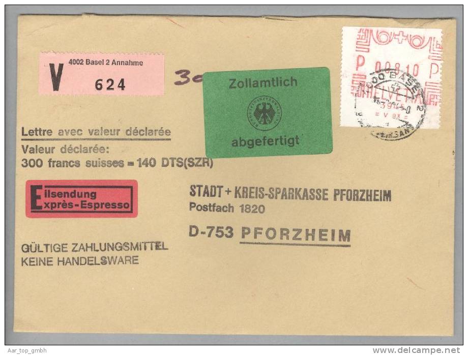 Schweiz Fra.Ma. 1984 Basel Firmenfreistempel Fr.8.10 Auf Express-Valoren-Brief Nach Pforzheim 30gr. Zollamtlich Abgefert - Frankiermaschinen (FraMA)