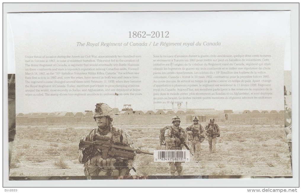 2012 Canada Regiments Military Soldier Infantry Royal Single Stamp 3 FDC - 2011-...