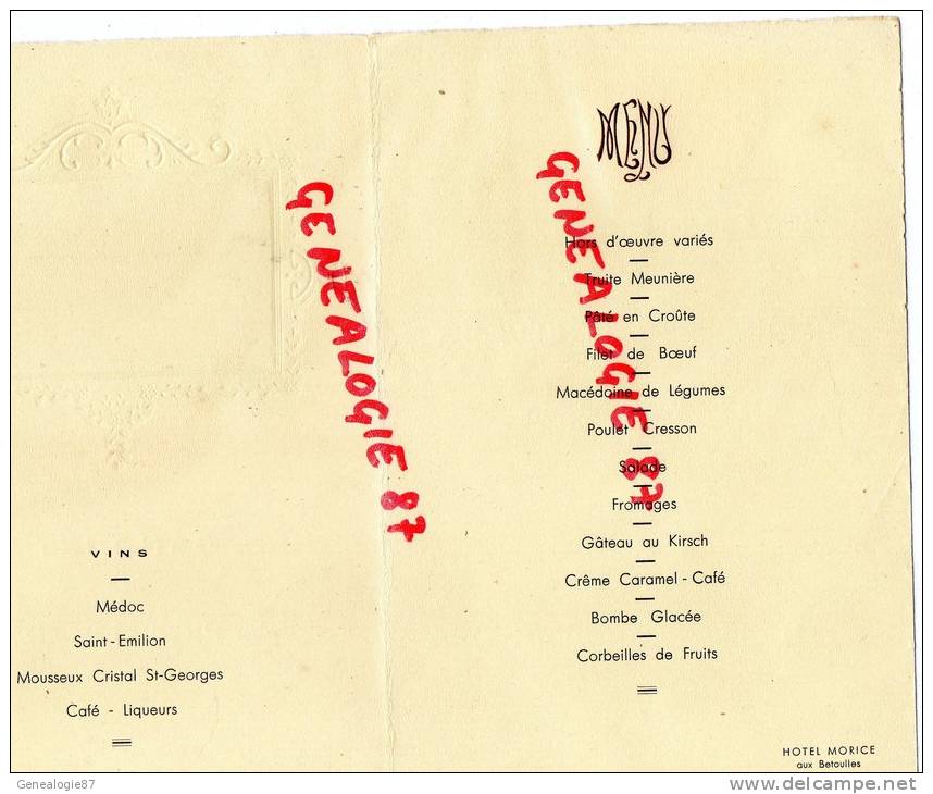 87 - AIXE SUR VIENNE - RARE MENU BANQUET DES SOUS OFFICIERS DE RESERVE-18 JUILLET 1937-HOTEL MORICE AUX BETTOULLES - Menus